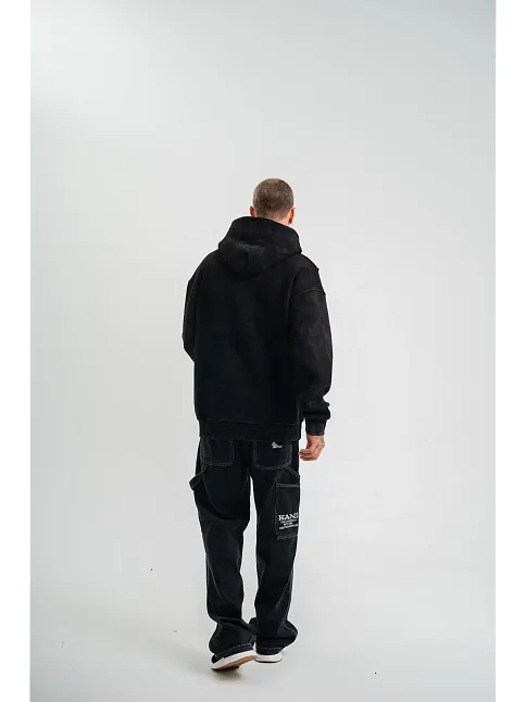 Erkek 3 İplik Pamuklu Kapüşonlu Yıkamalı Nakışlı Hoodie Sweatshirt - Siyah