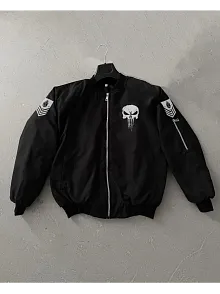 Erkek Siyah Askeri Tarz Bomber Mont Punisher Skull Detaylı Fermuarlı Cepli - Siyah