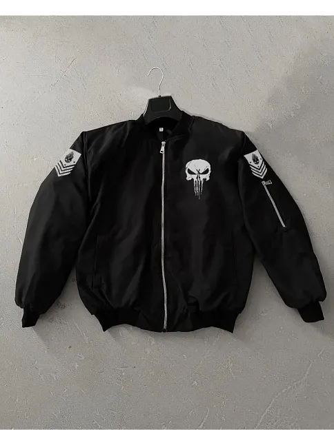 Erkek Siyah Askeri Tarz Bomber Mont Punisher Skull Detaylı Fermuarlı Cepli - Siyah