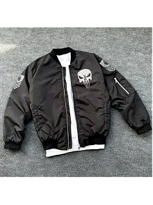 Erkek Siyah Askeri Tarz Bomber Mont Punisher Skull Detaylı Fermuarlı Cepli - Siyah