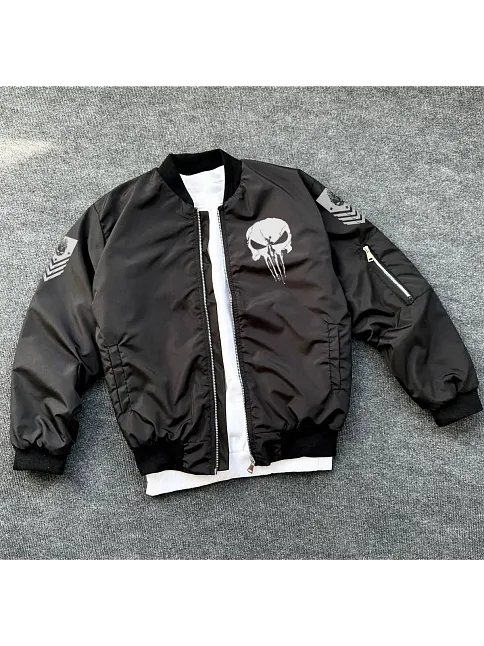 Erkek Siyah Askeri Tarz Bomber Mont Punisher Skull Detaylı Fermuarlı Cepli - Siyah