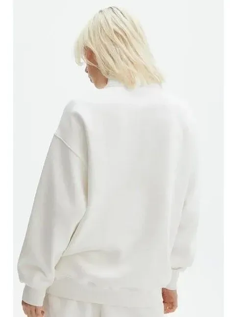 Kadın 3 İplik Pamuklu Oversize Yarım Fermuarlı Yakalı Basic Sweatshirt - Beyaz