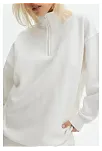 Kadın 3 İplik Pamuklu Oversize Yarım Fermuarlı Yakalı Basic Sweatshirt - Beyaz