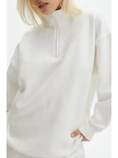 Kadın 3 İplik Pamuklu Oversize Yarım Fermuarlı Yakalı Basic Sweatshirt - Beyaz