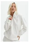Kadın 3 İplik Pamuklu Oversize Yarım Fermuarlı Yakalı Basic Sweatshirt - Beyaz