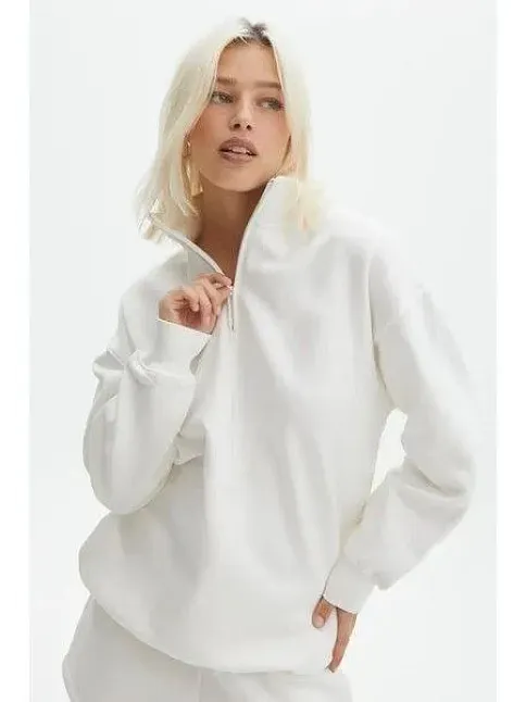 Kadın 3 İplik Pamuklu Oversize Yarım Fermuarlı Yakalı Basic Sweatshirt - Beyaz