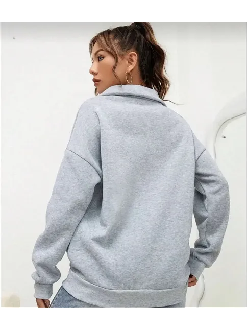 Kadın 3 İplik Pamuklu Uzun Kol Yarım Farmuarlı Yakalı  Sweatshirt - Gri