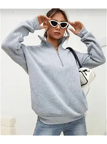 Kadın 3 İplik Pamuklu Uzun Kol Yarım Farmuarlı Yakalı  Sweatshirt - Gri