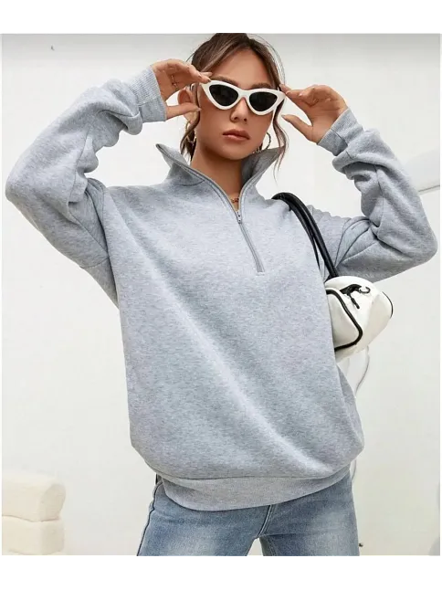 Kadın 3 İplik Pamuklu Uzun Kol Yarım Farmuarlı Yakalı  Sweatshirt - Gri