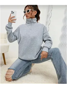 Kadın 3 İplik Pamuklu Uzun Kol Yarım Farmuarlı Yakalı  Sweatshirt - Gri