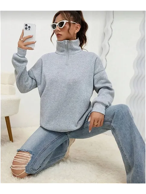 Kadın 3 İplik Pamuklu Uzun Kol Yarım Farmuarlı Yakalı  Sweatshirt - Gri