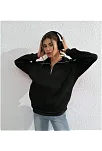 Kadın 3 İplik Pamuklu Uzun Kol Yarım Farmuarlı Yakalı Sweatshirt - Siyah