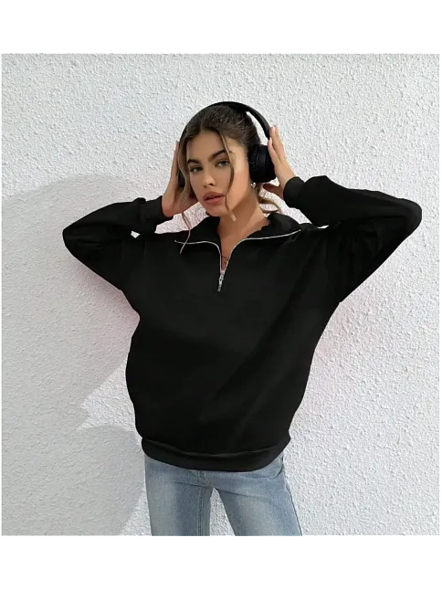 Kadın 3 İplik Pamuklu Uzun Kol Yarım Farmuarlı Yakalı Sweatshirt - Siyah