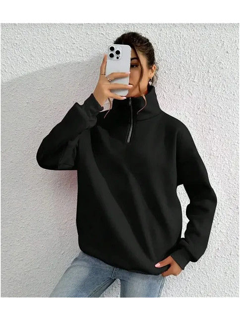 Kadın 3 İplik Pamuklu Uzun Kol Yarım Farmuarlı Yakalı Sweatshirt - Siyah
