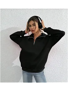 Kadın 3 İplik Pamuklu Uzun Kol Yarım Farmuarlı Yakalı Sweatshirt - Siyah