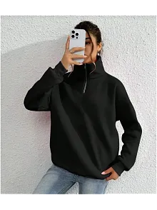 Kadın 3 İplik Pamuklu Uzun Kol Yarım Farmuarlı Yakalı Sweatshirt - Siyah