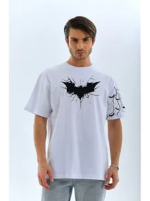 Erkek Bisiklet Yaka Tişort Ön Ve Kol Yarasa Baskılı T-shirt - Beyaz