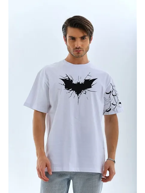 Erkek Bisiklet Yaka Tişort Ön Ve Kol Yarasa Baskılı T-shirt - Beyaz