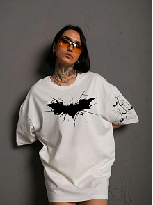 Kadın Bisiklet Yaka Tişort Ön Ve Kol Yarasa Baskılı T-shirt  - Beyaz