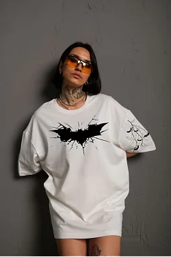 Kadın Bisiklet Yaka Tişort Ön Ve Kol Yarasa Baskılı T-shirt - Beyaz Kadın Bisiklet Yaka Tişort Ön Ve Kol Yarasa Baskılı T-shirt - Beyaz
