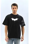Erkek Bisiklet Yaka Tişort Ön Ve Kol Yarasa Baskılı T-shirt - Siyah