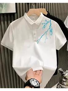 Erkek Polo Yaka Tişört Düğmeli Pike Yıldırım Baskılı T-shirt - Beyaz
