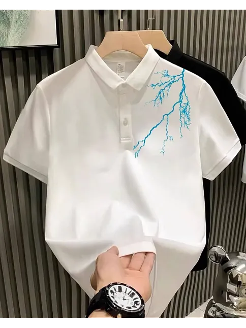 Erkek Polo Yaka Tişört Düğmeli Pike Yıldırım Baskılı T-shirt - Beyaz