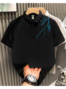 Erkek Polo Yaka Tişört Düğmeli Yıldırım Baskılı Pike T-shirt - Siyah