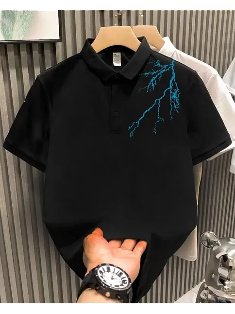 Erkek Polo Yaka Tişört Düğmeli Yıldırım Baskılı Pike T-shirt - Siyah