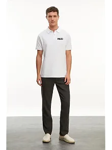 Erkek Polo Yaka Düğmeli Tişört Pike Baskılı T-shirt - Beyaz