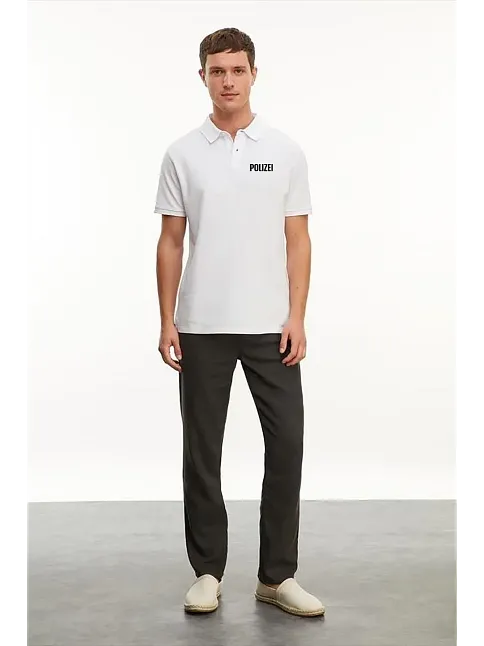 Erkek Polo Yaka Düğmeli Tişört Pike Baskılı T-shirt - Beyaz
