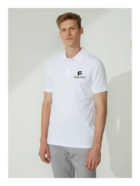 Erkek Pike Polo Yaka Tişört Düğmeli Baskılı T-shirt - Beyaz