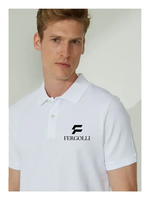 Erkek Pike Polo Yaka Tişört Düğmeli Baskılı T-shirt - Beyaz