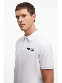 Erkek Polo Yaka Düğmeli Tişört Pike Baskılı T-shirt - Beyaz