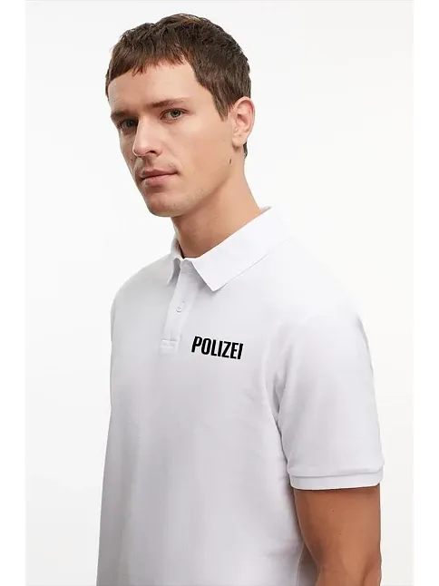 Erkek Polo Yaka Düğmeli Tişört Pike Baskılı T-shirt - Beyaz