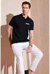 Erkek Polo Yaka Tişört Düğmeli Pike Baskılı T-shirt - Siyah