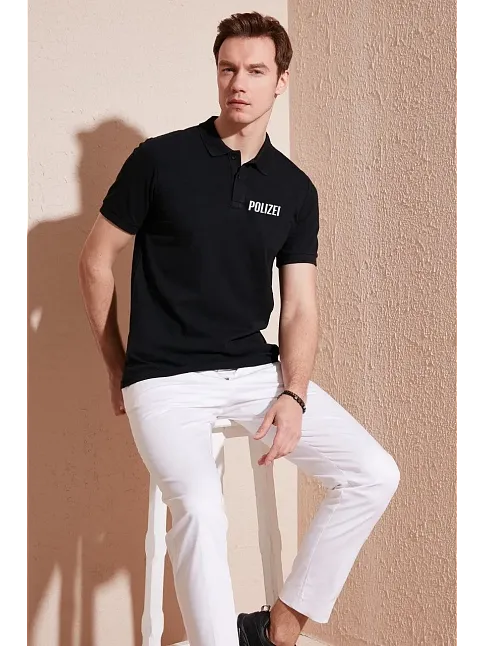 Erkek Polo Yaka Tişört Düğmeli Pike Baskılı T-shirt - Siyah