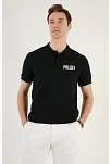 Erkek Polo Yaka Tişört Düğmeli Pike Baskılı T-shirt - Siyah