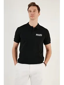 Erkek Polo Yaka Tişört Düğmeli Pike Baskılı T-shirt - Siyah