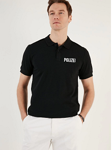 Erkek Polo Yaka Tişört Düğmeli Pike Baskılı T-shirt - Siyah