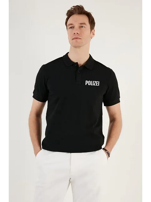 Erkek Polo Yaka Tişört Düğmeli Pike Baskılı T-shirt - Siyah