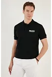 Erkek Polo Yaka Tişört Düğmeli Pike Baskılı T-shirt - Siyah