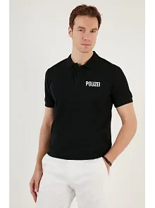 Erkek Polo Yaka Tişört Düğmeli Pike Baskılı T-shirt - Siyah