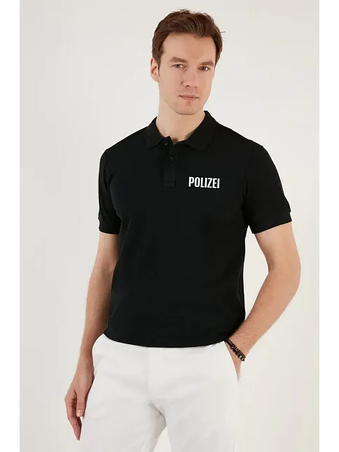 Erkek Polo Yaka Tişört Düğmeli Pike Baskılı T-shirt - Siyah