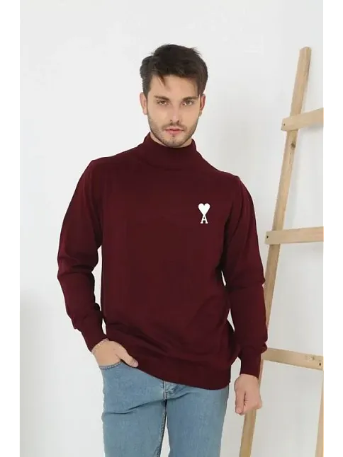 Erkek Yarım Bağazlı Kazak Baskılı Dokuma Triko - Bordo