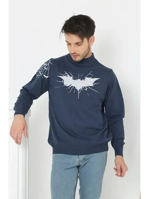Erkek Yarım Bağazlı Kazak Baskılı Dokuma Triko - Indigo