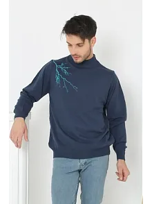 Erkek Yarım Bağazlı Kazak Baskılı Dokuma Triko - Indigo