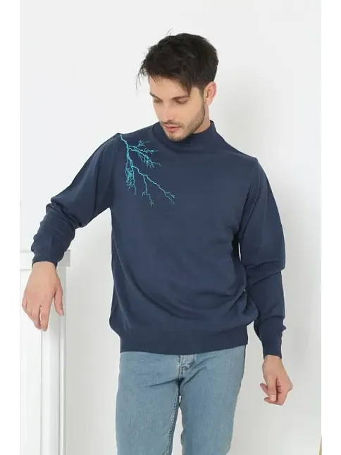 Erkek Yarım Bağazlı Kazak Baskılı Dokuma Triko - Indigo