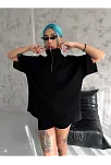 Kadın Yarım Fermuarlı Tişört Kısa Kol T-shirt - Siyah