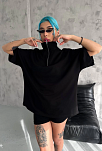 Kadın Yarım Fermuarlı Tişört Kısa Kol T-shirt - Siyah